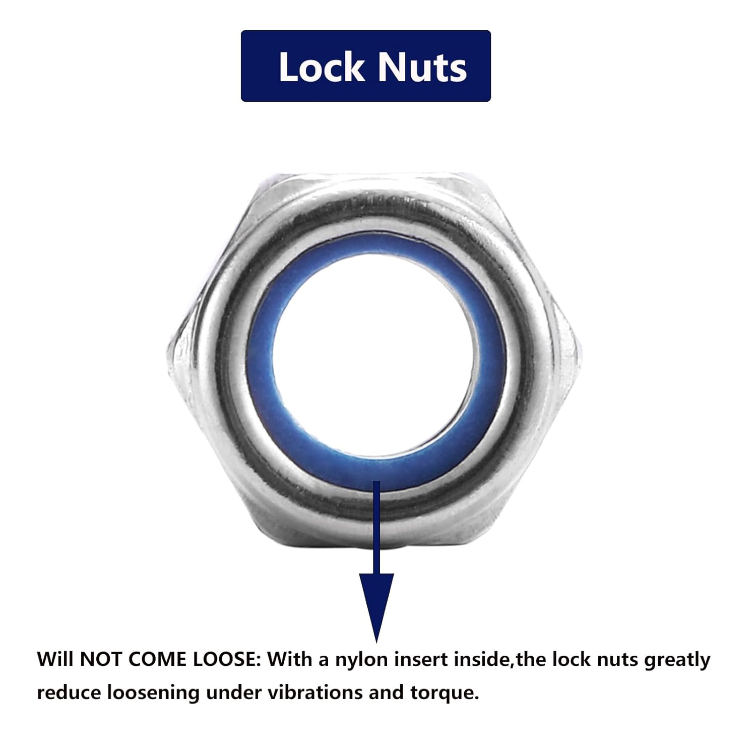 M10 x 1.5mm Nylon Insert Hex Lock Nuts 100Pcs 304 Stainless Steel Locknuts, Hex Drive, Bright Finish, by SG TZH