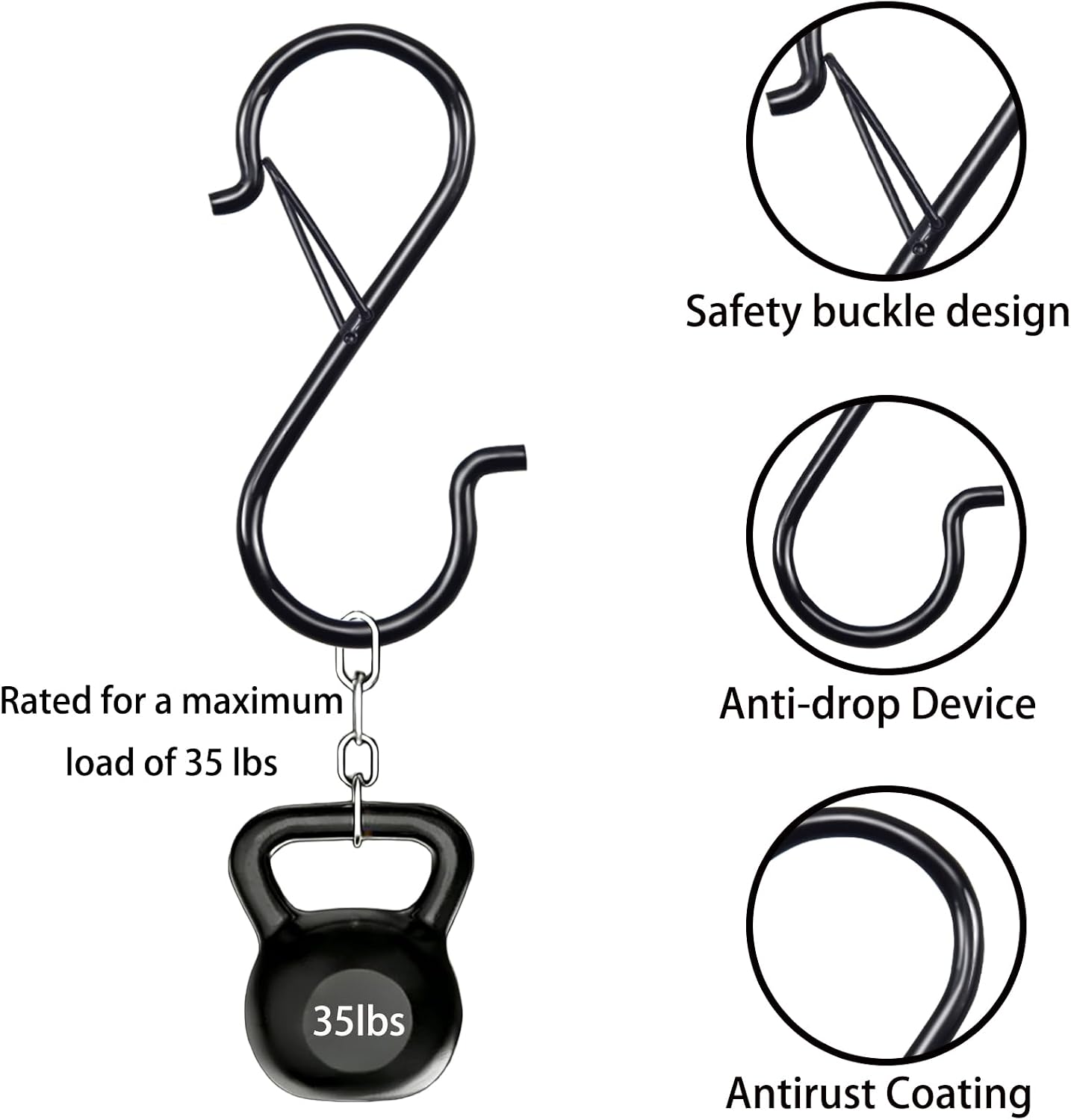 3.5in Heavy Duty S Hooks for Hanging, Safety Buckle Metal Hooks, 10 Pack