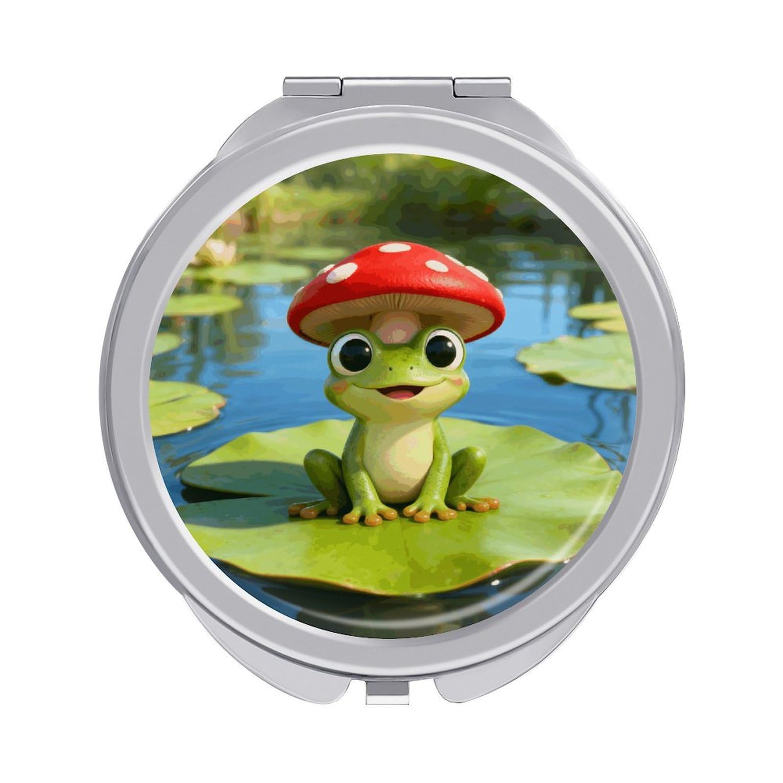 LZQPOEAS Cute Frog Red Mushroom Compact Mirror, Double-Sided Folding Makeup Mirror, Durable Metal Travel Pocket Mirror for Purse, Portable Round Touch-Up Mirror for Table Gifts and Everyday Use
