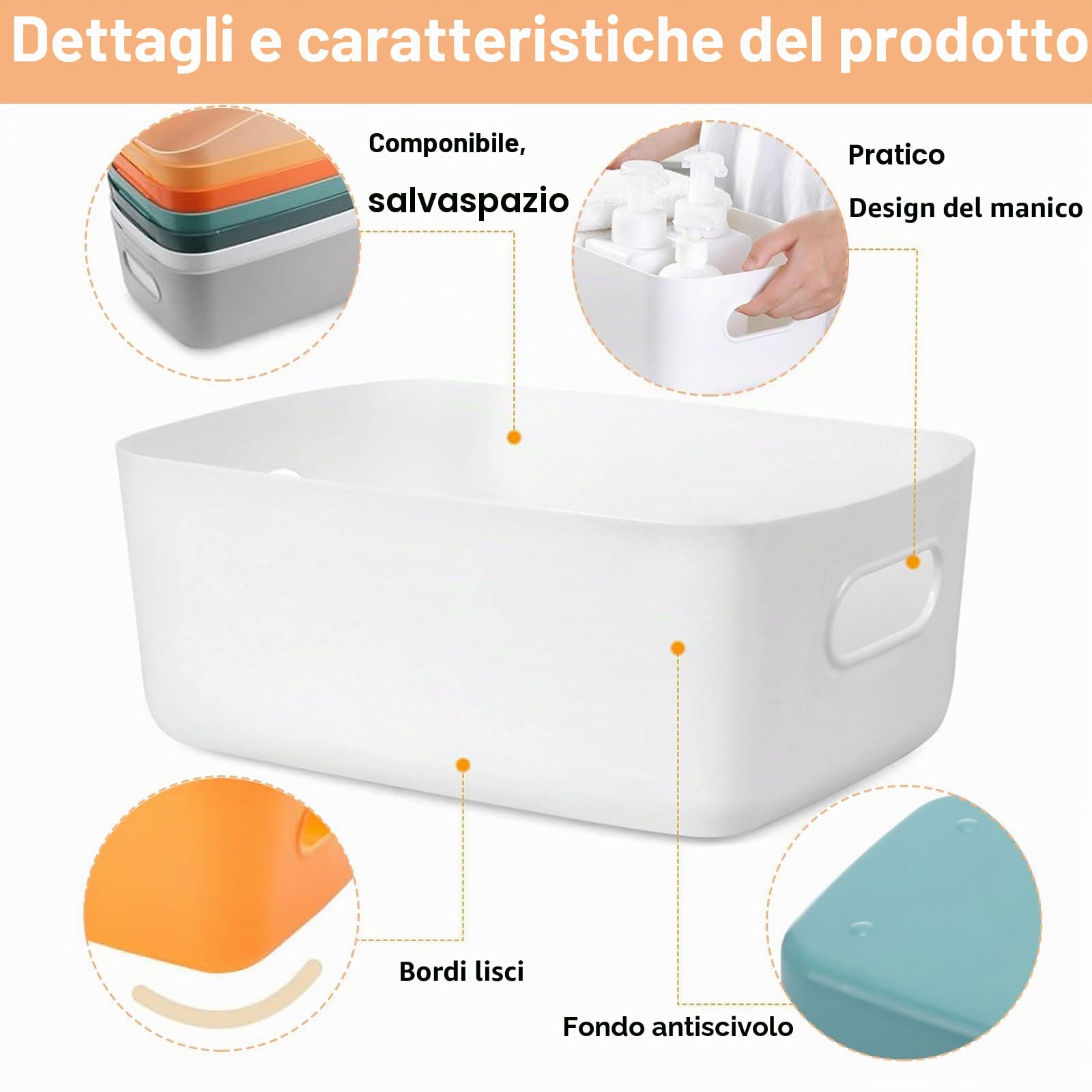 12 Pezzi Cestini Portaoggetti in Plastica Bianco Scatole Portaoggetti con Manici Contenitore Plastica Rettangolari Scatole Organizer Impilabile per Bagno Cosmetici Armadio Cucina Scaffale