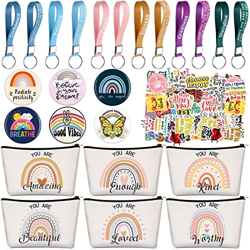 Pinkunn 68 Pcs Inspirational Gifts Bulk Inspirational Quote Key Chains Rainbow Canvas Cosmetic Bags with Zipper Motivational Stickers Button Badges Gifts for Teacher Birthday Graduation