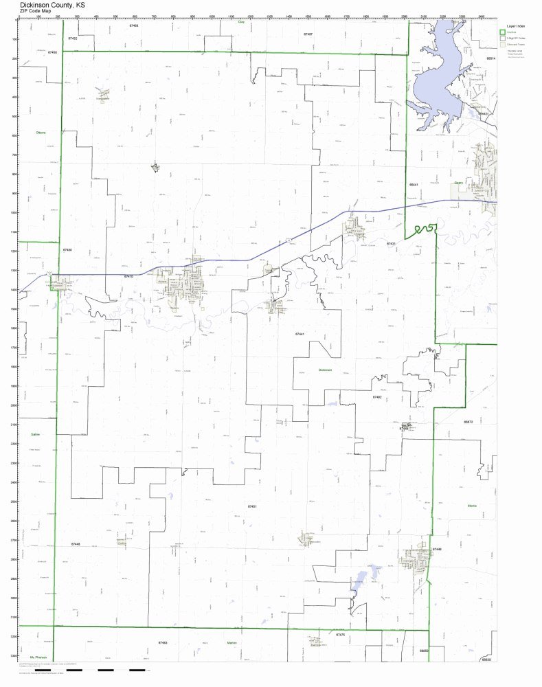 Dickinson County, Kansas KS ZIP Code Map Not Laminated