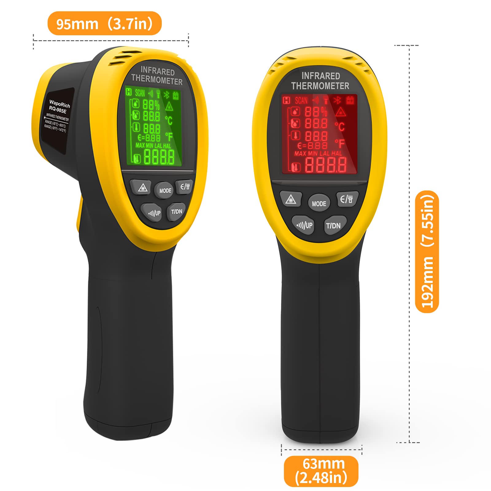 Thermomètre Infrarouge -50℃ à 800℃ à Double Laser Pyromètre 4 en 1 avec Humidité, Température Ambiante, Point de Rosée, Écran Couleur & Alarme 【Non adapté aux personnes】