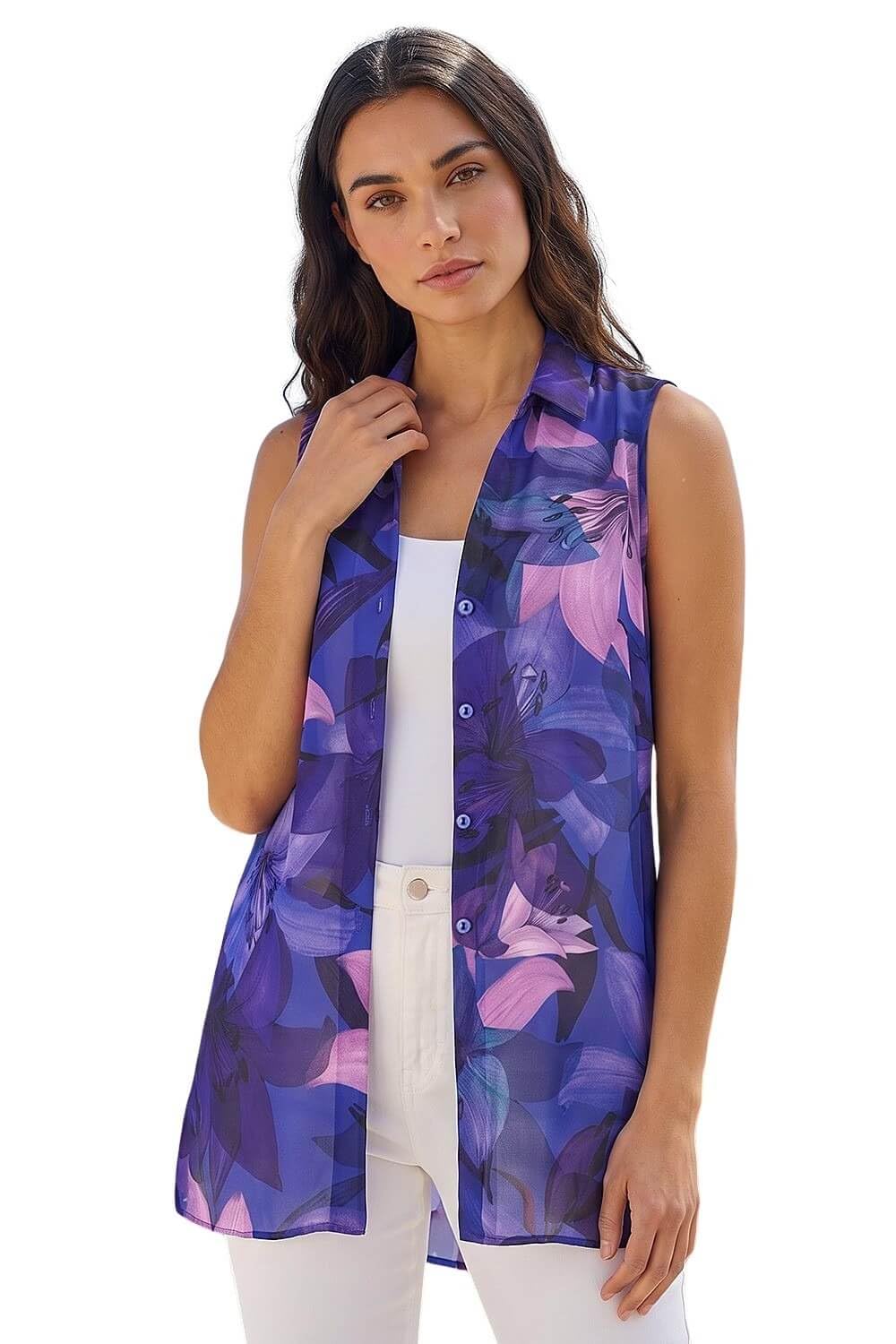 Roman Women's Purple Floral Print Longline Blouse In | Size: 14