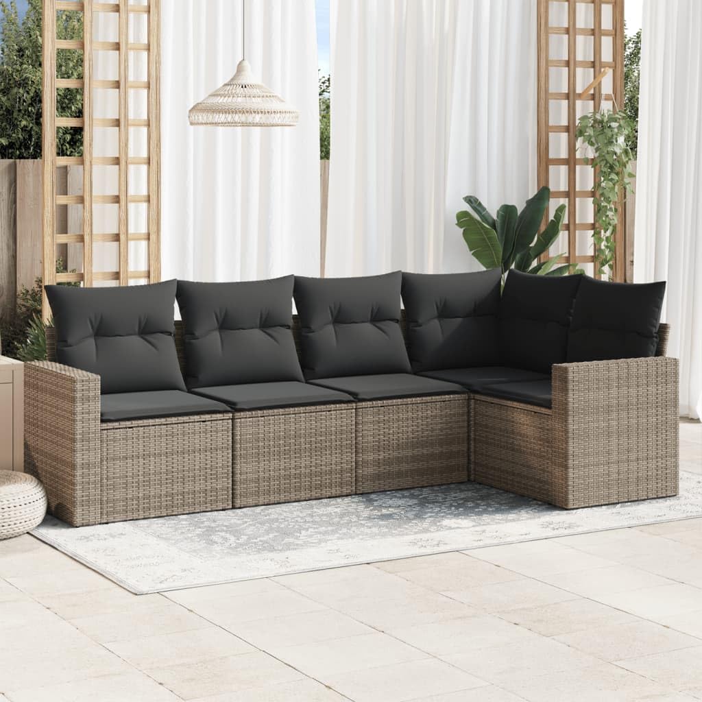 vidaXL Garten Sofa Garnitur 5-TLG., Gartenmöbel Set mit Kissen Stauraum, Sitzgruppe für Garten Terrasse, Modular Gartensofa Lounge, Grau Poly Rattan