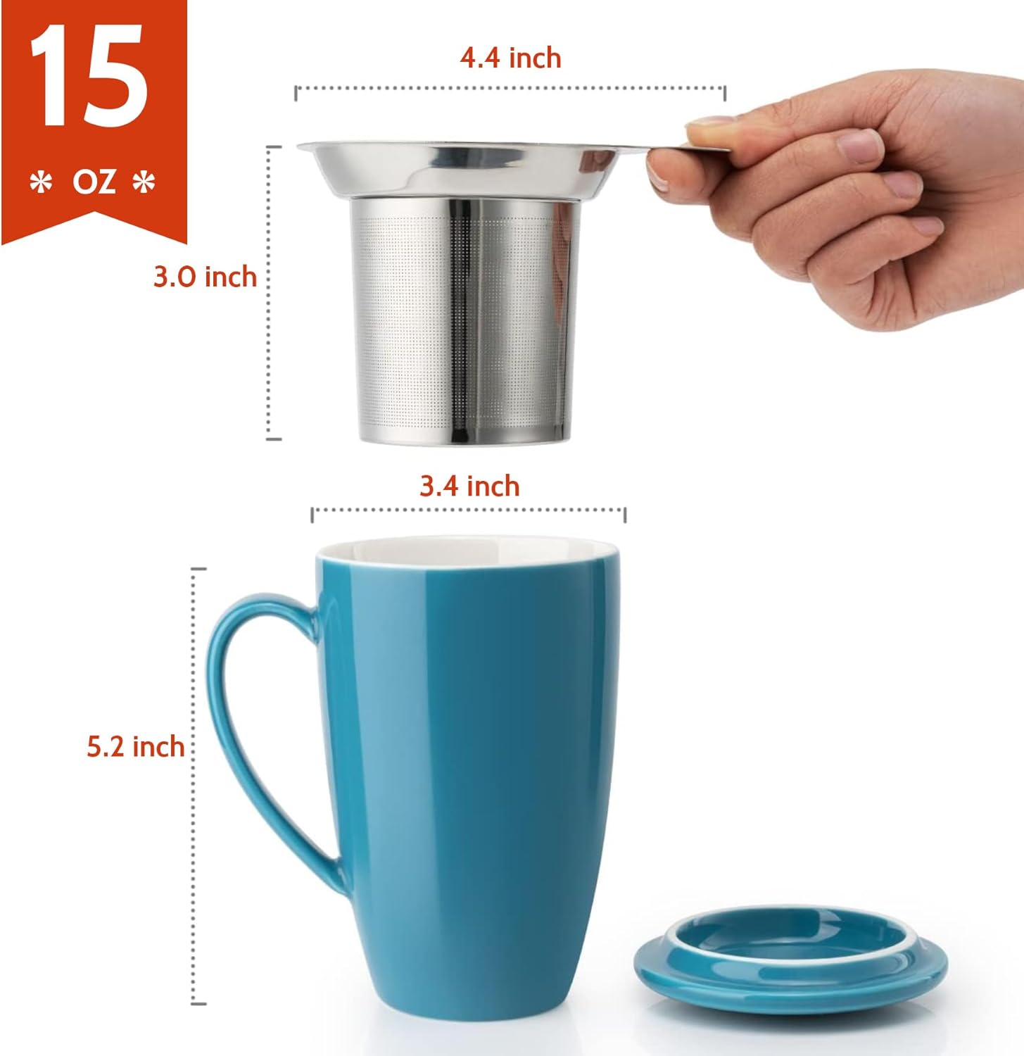 Sweese 15 OZ Porcelain Tea Mug with Infuser and Lid, Loose Leaf Tea Cup, Gifts for Tea Lover, Steel Blue