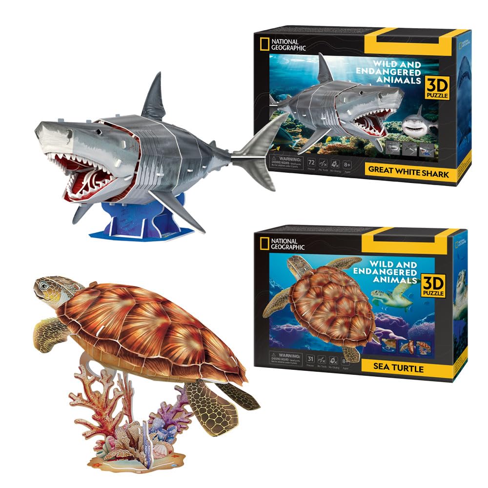 National Geographic - Tartaruga Marina + Squolo Bianco | Puzzle 3D Bambini | Costruzioni 3D Puzzle | Regalo Per Bambini | 31 Parti e 72
