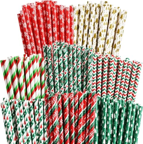 Haundry - HAUNDRY 100 Christmas Paper Straws, 8 Styles Red Green White Gold Biodegradable Party Drinking Straws with Stripe, Wave, Christmas Tree Snowflake Design Decorations Supplies