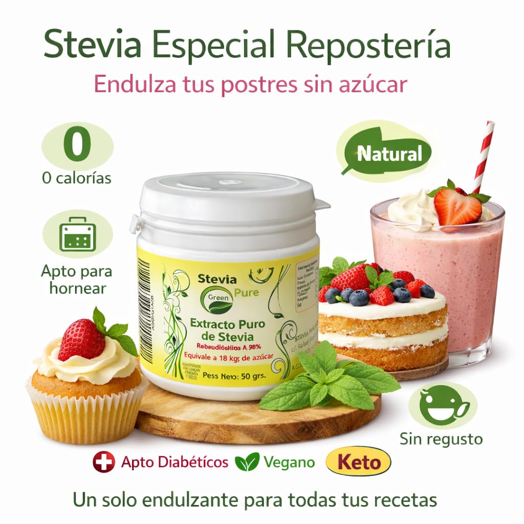 Stevia Gallega Pure green en Polvo (50g) – Extracto Puro al 98% Reb-A, Alta Concentración (1 Tarro = 18kg Azúcar) – Edulcorante Natural para Repostería, Postres y Cocina Saludable