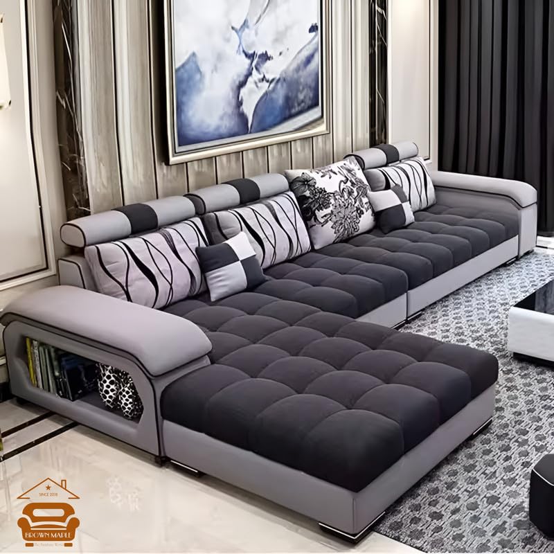 Image of Brown Maple U-Shape Sectional Sofa Set for Home | 10-Seater Fabric Sofa with Tea Table & 4 Puffy | Spacious Seating for 14 Persons | Pre-Assembled, Modern Comfort Design(Grey)