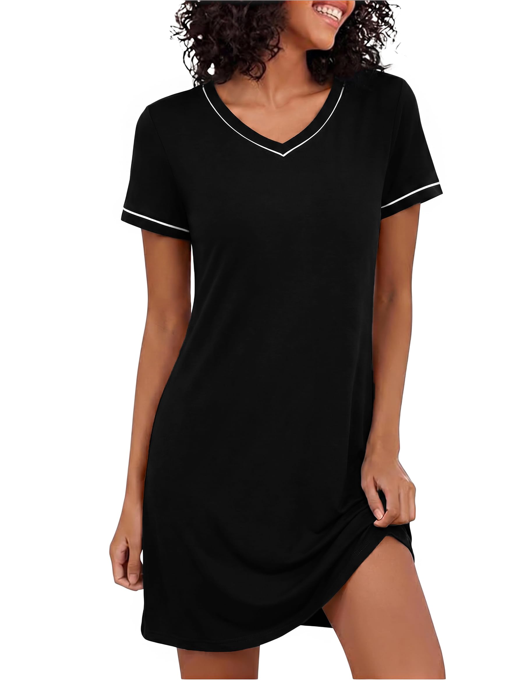 Marvmys Nachthemd Damen Kurzarm Sommer Nachtkleid Leichtes Atmungsaktives Sleepshirt mit V-Ausschnitt Schlafhemd Bequeme Loungewear Hauskleid Große Größen S-3XL