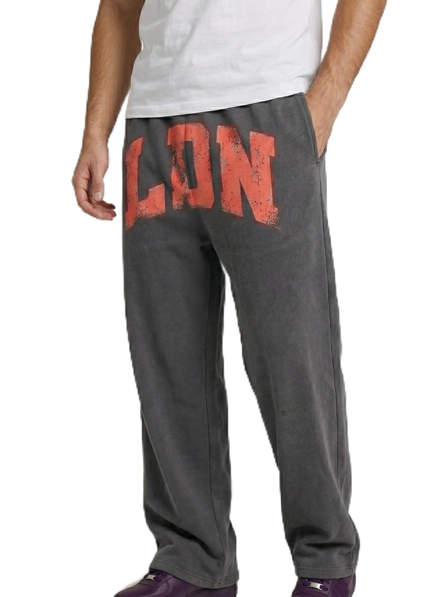 Men Track Pant Black Cotton Blend Wide Leg Loose Fit with LDN Typography Print-image-4