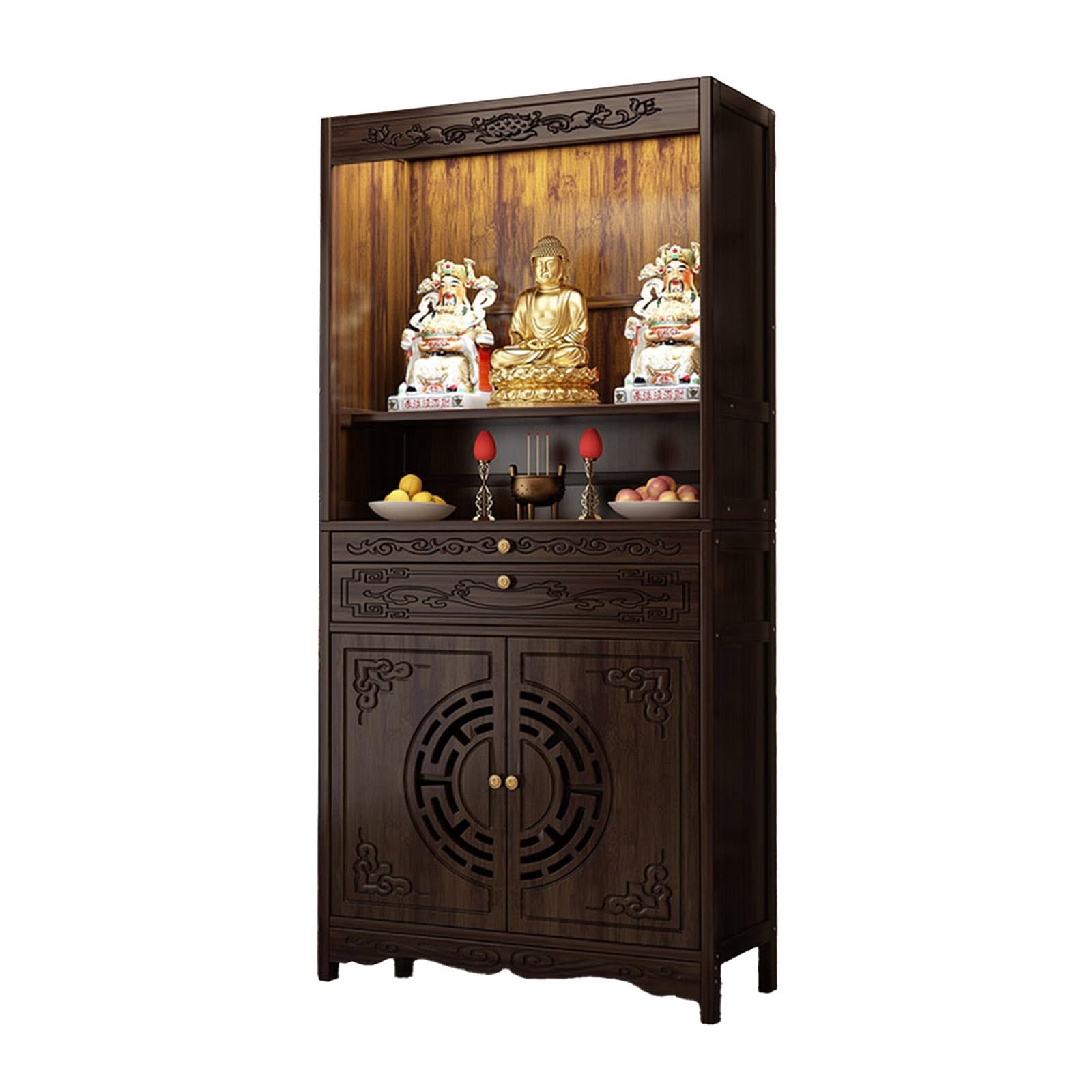 Itetone Brown Altar Table With Multi-Layer Storage, Intricate Shrine Altar Cabinet Pedestal Offering, Bamboo Meditation Table With Pull-Out Shelf For Home Worship, Pooja Mandir Temple