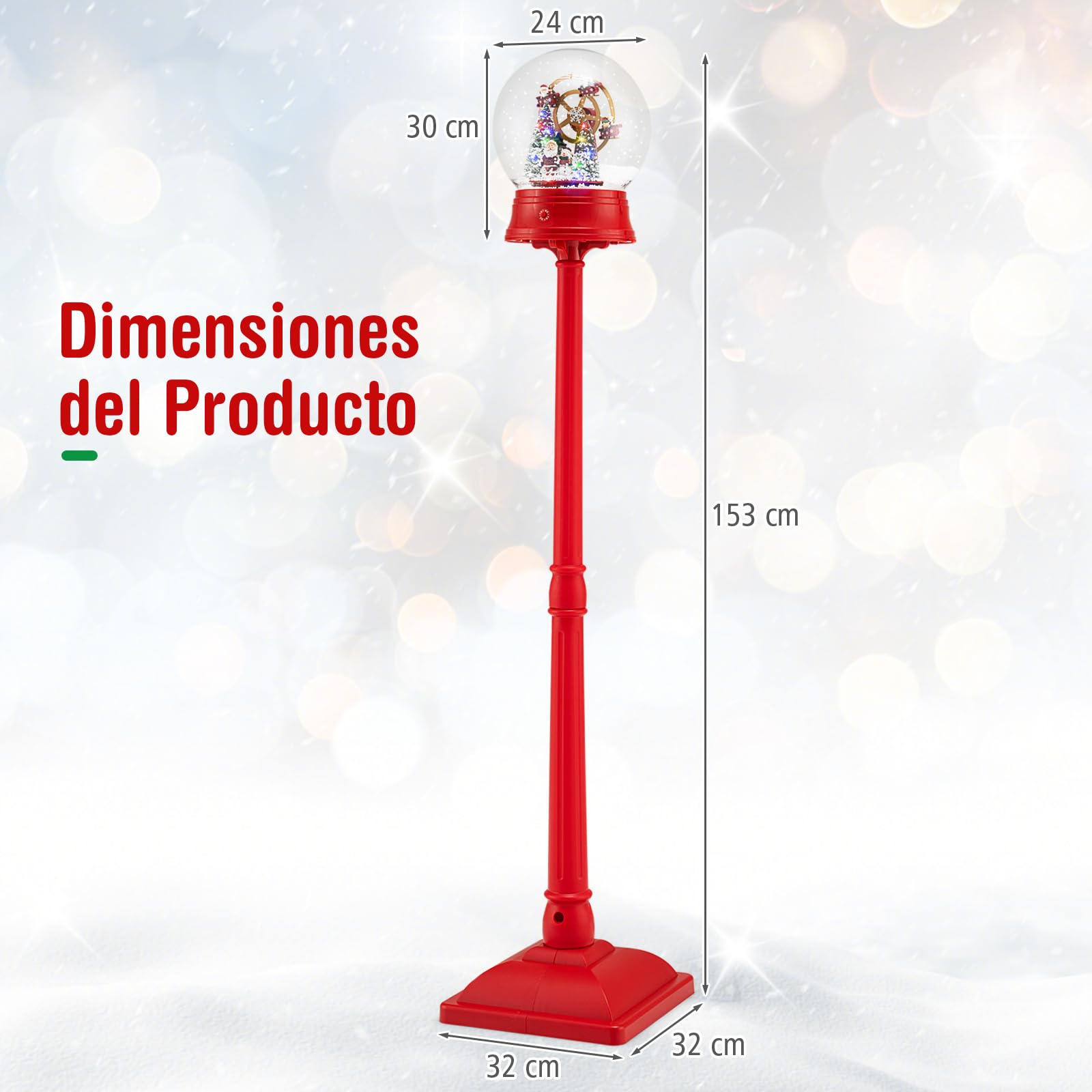 COSTWAY Farola Navideña Musical de 153 cm, Lámpara Globo de Nieve con 8 Tonos, Escena Giratoria, 15 Luces LED Coloridas, Adornos de Navidad de Lámpara de Pie para Entrada, Chimenea, Impermeable