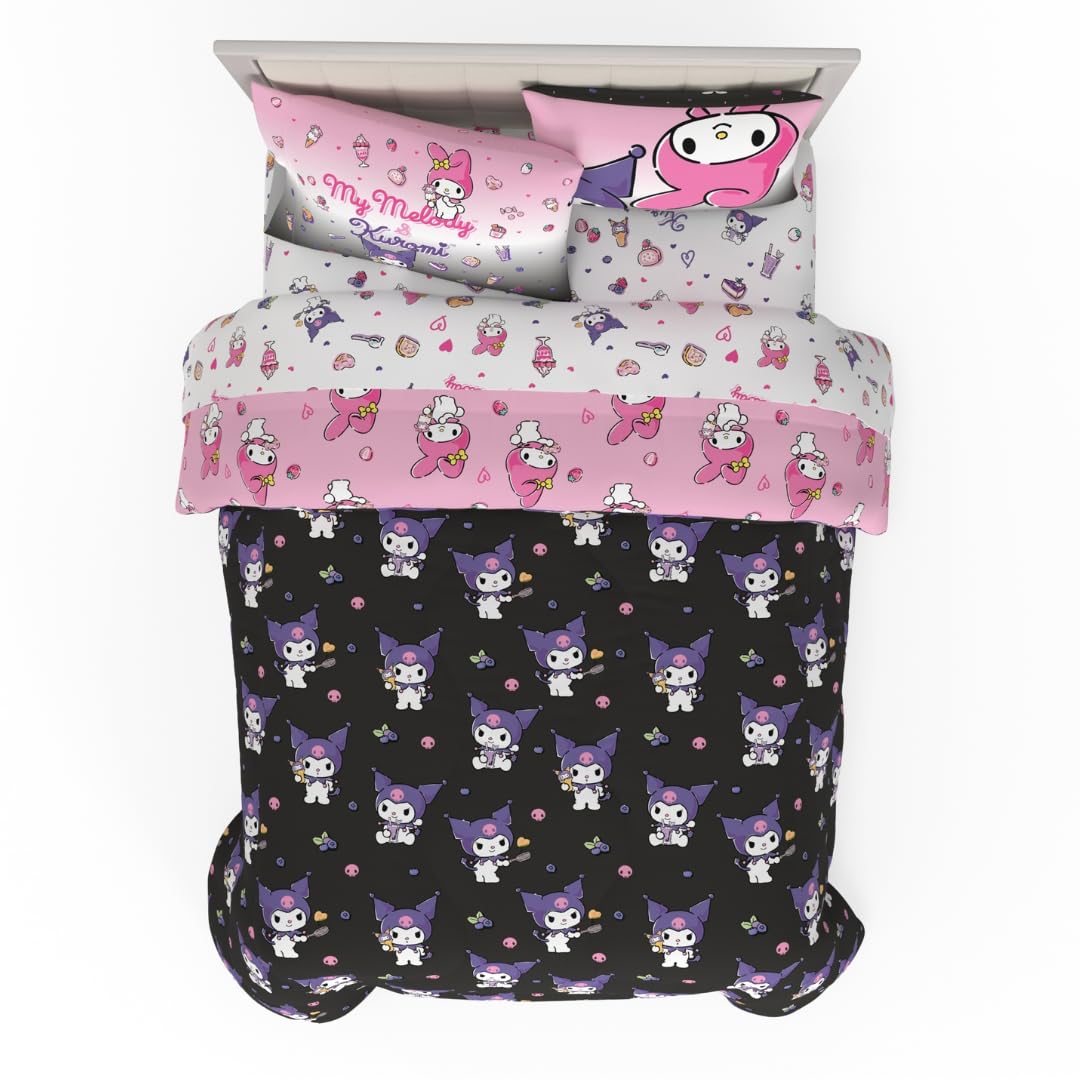 Franco Kuromi & My Melody Sanrio Bedding 7 Piece Super Soft Cozy Reversible Comforter And Sheet Set With Sham, Full, (Officially Licensed Product)