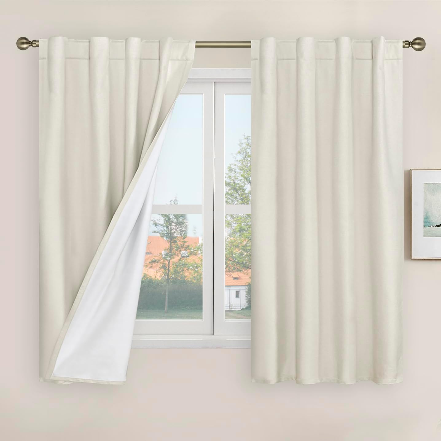 LAMIT Ivory 100% Blackout Linen Curtains 48 Inches Long, Linen Textured Living Room Kitchen Curtains Full Room Darkening Back Tab and Rod Pocket Panels with White Liner, 2 Panels, 34 x 48 Inch