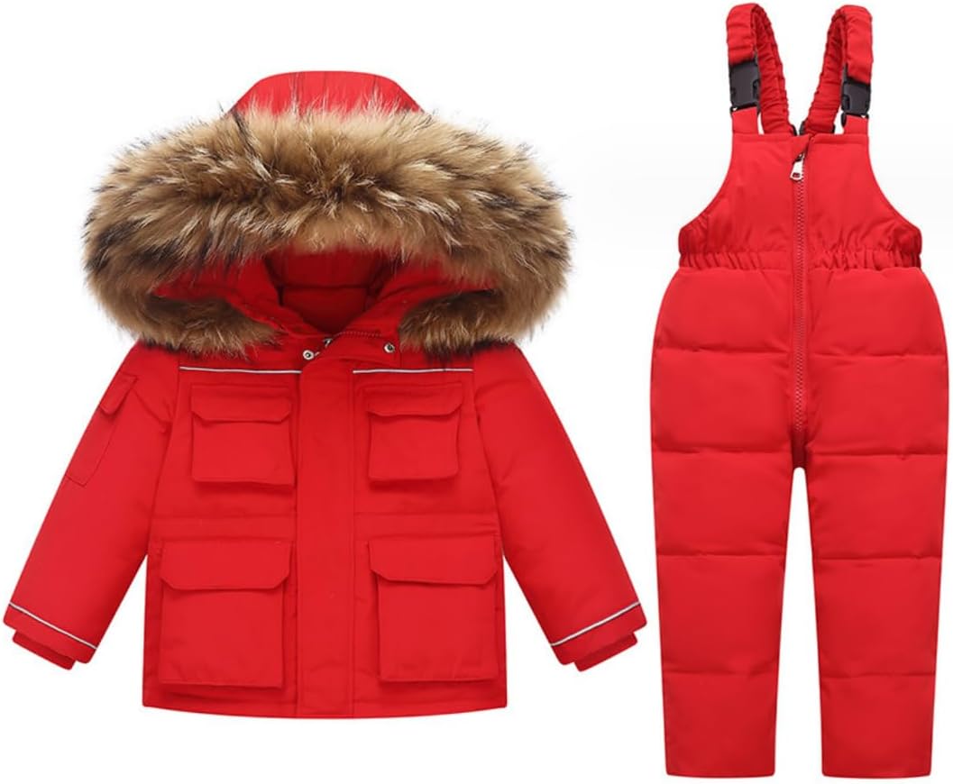 DINGDONG'S CLOSET Kid Boy Girl Winter Hooded Multi-Pocket Fur Down Parka Puffer Jacket+Snow Bibs 2-Piece Snowsuit Skisuit Set