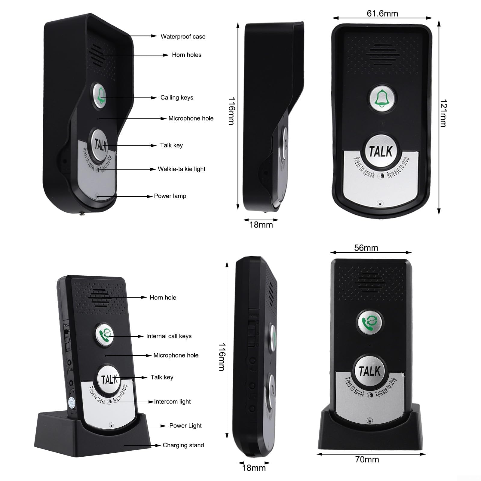 Campanello wireless a lungo raggio per la sicurezza domestica, trasmissione 1000 m, funzione conversazione bidirezionale, batteria ricaricabile 2000 mAh, nessuna alimentazione esterna necessaria (nero