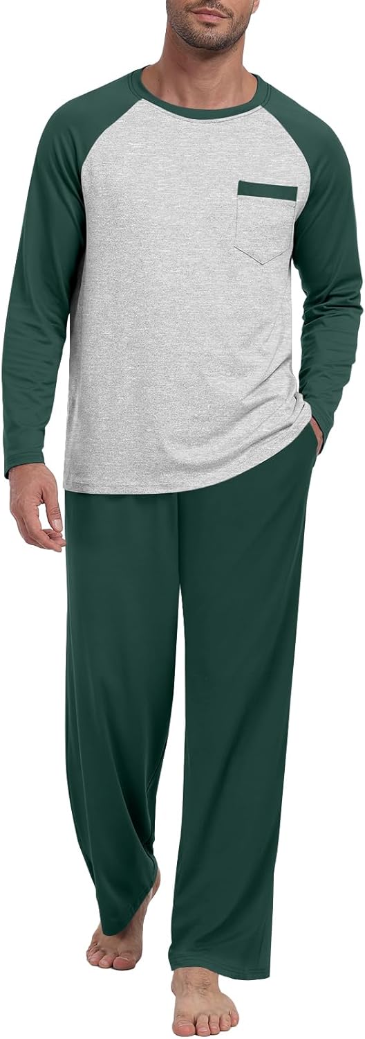 MLXSJ Mens Pajama Set Pjs Sleepwear Lightweight Long Sleeve Pjs Soft Comfy Sleep Set With Pocket