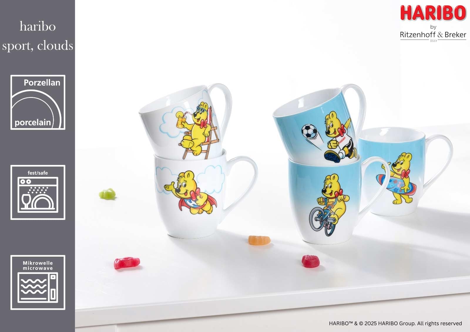 Ritzenhoff & Breker HARIBO Sport Becher 500 ml – 6er Set | XL Porzellan Tassen mit Goldbär Sport-Motiv | Spülmaschinenfest & Mikrowellengeeignet | Geschenkidee für Haribo-Fans