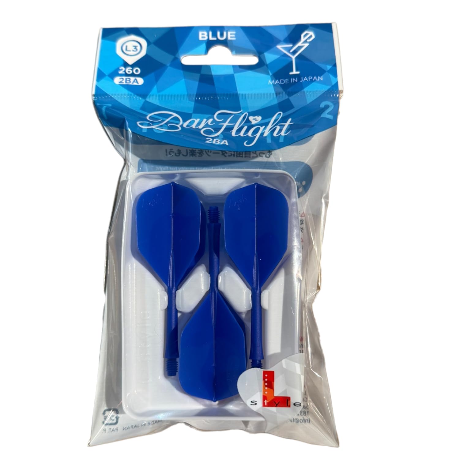 L-style BarFlight 2BA Dart Flight with Integrated Shaft – L3 Shape – 26mm (260) – Blue - 1 Set (3 Flights)