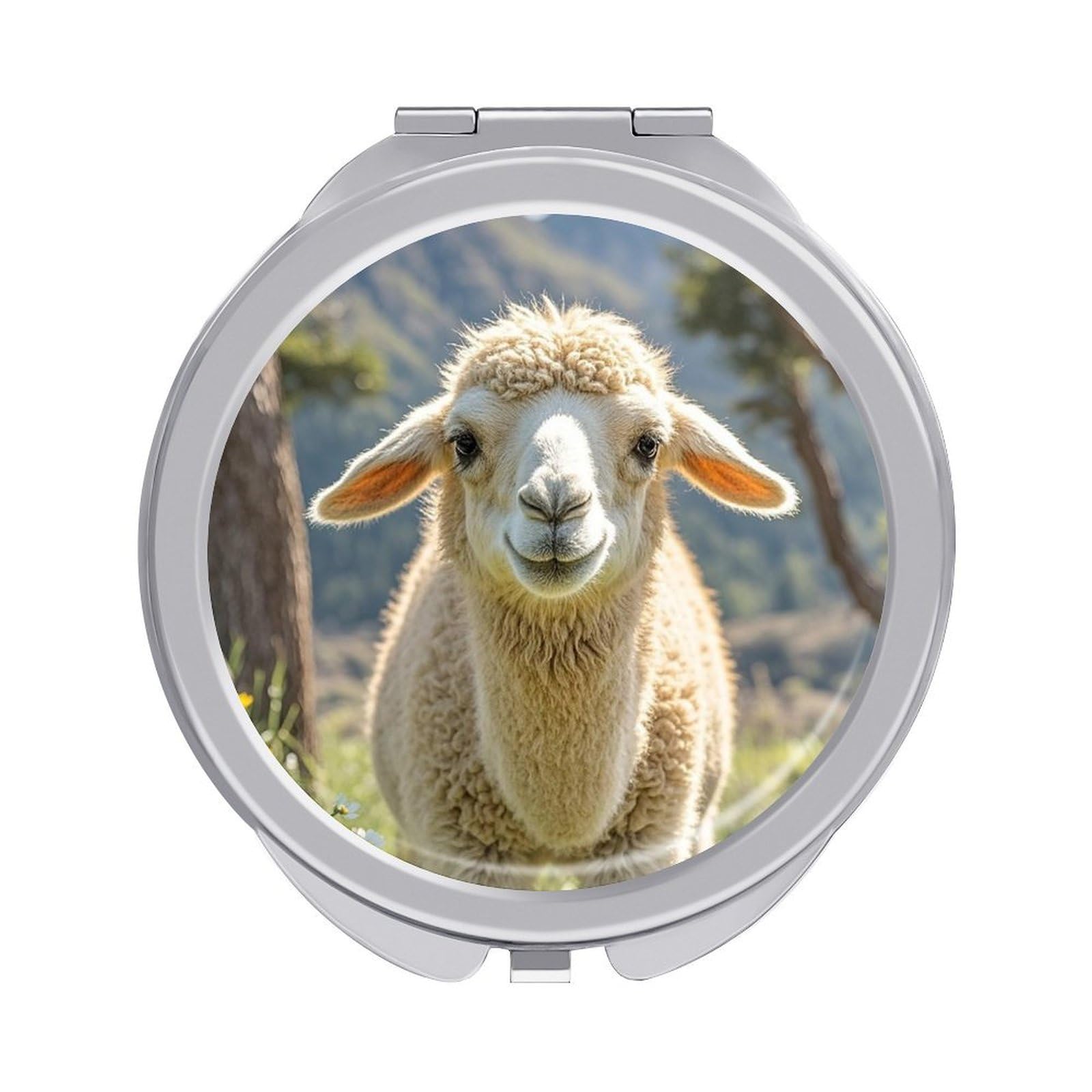 FekiLoot Lamb Travel Makeup Mirror for Women Folding Portable Hand Compact Mirrors Small Round Vanity Mirror 1X/2X Magnifying Metal Pocket Makeup Mirrors