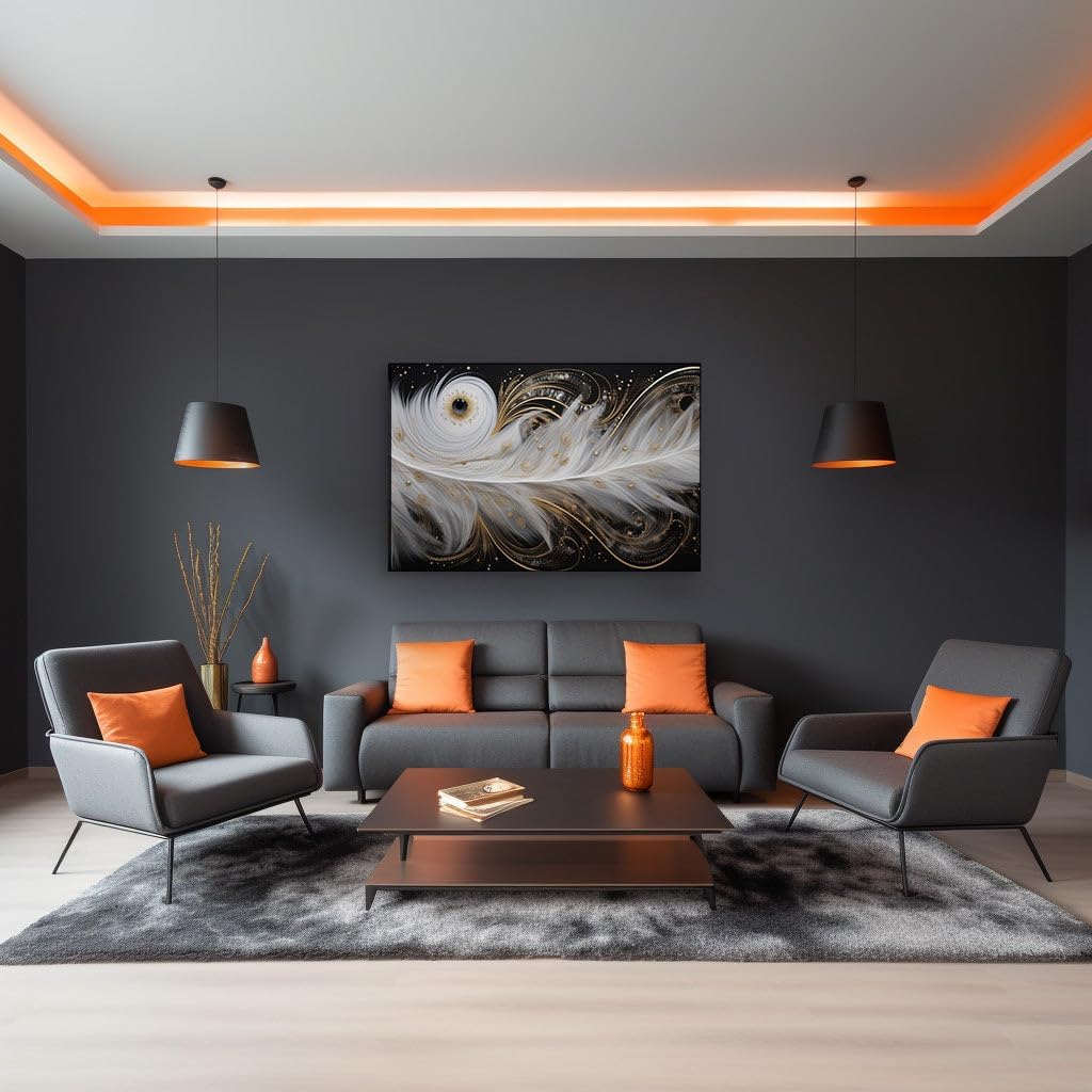 Canvas for Living room. Whispers of Gold and Dreams in Digital Artistry - The Enigmatic Fusion of Spirals and Feathers, 27 x 18 inch Canvas Wall Art - Inspirational Office Decor