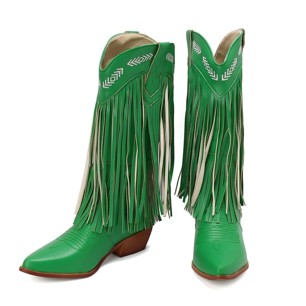 Fringe Cowboy Boots for Women Mid Calf Western Boots Embroidery Cowgirl Pull-On Pointy Toe Elegant Plus Size Rave