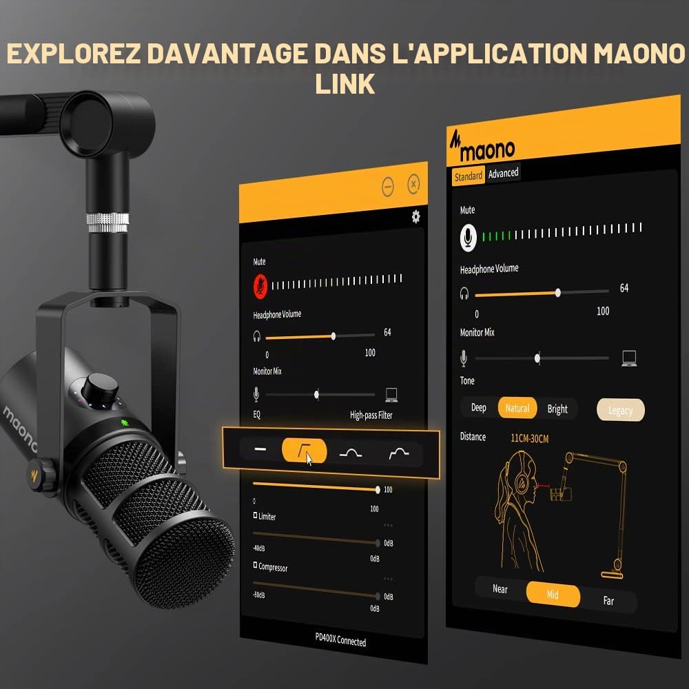 MAONO Micro dynamique, USB/XLR Podcast PC microphone avec logiciel, égaliseur, Tap-to-Mute, régulateur de gain et contrôle du volume, Pour Streaming, Gaming, Enregistrement Vocal(PD400X)