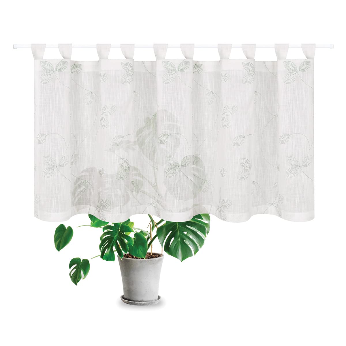 SCHÖNER LEBEN. Rideau brise-bise bio en coton bio avec broderie feuilletée - Structure en lin - Blanc laineux - Vert - 150 x 50 cm
