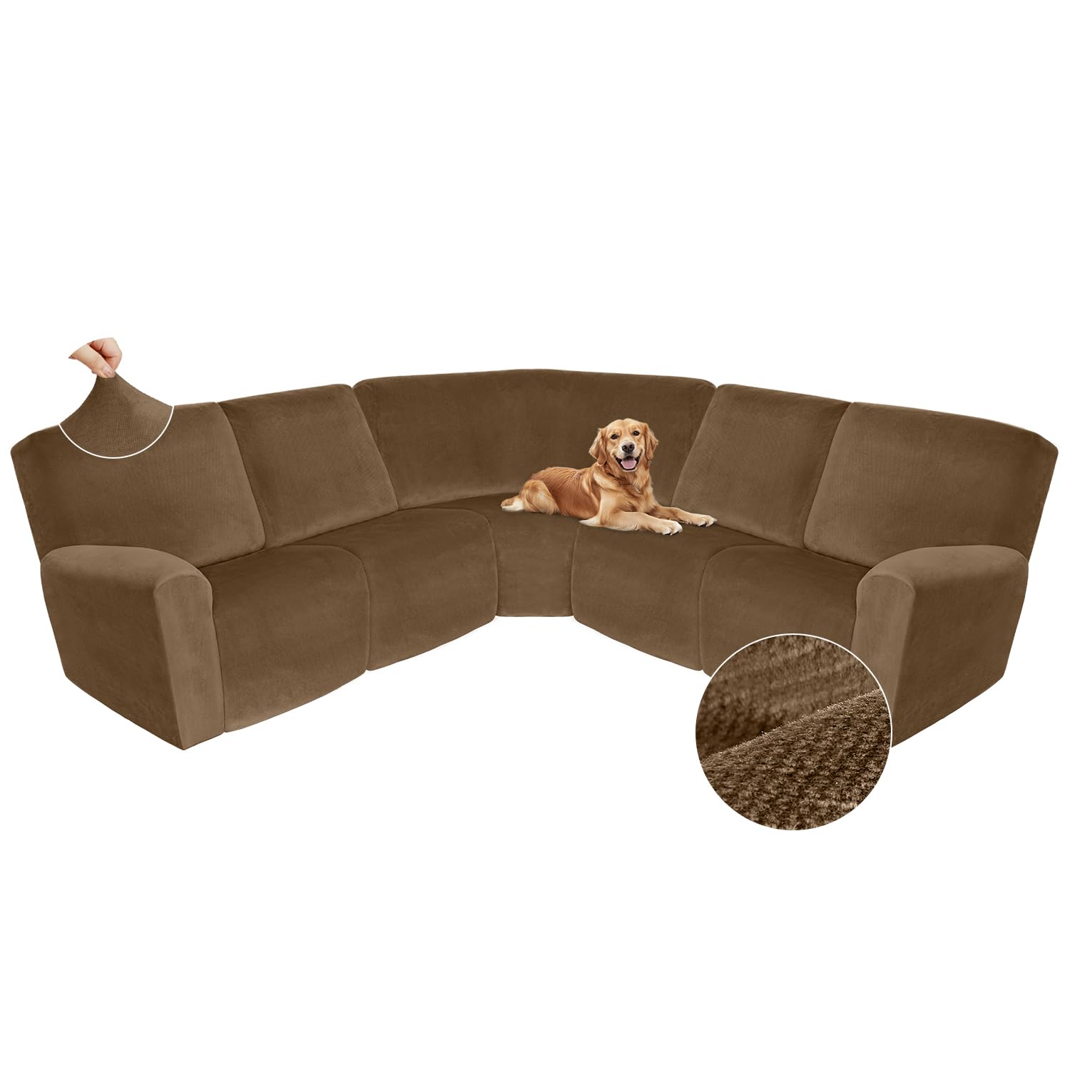 Arfntevss Sectional Recliner Couch Covers Velvet Corner Sectional Sofa Cover for Reclining Couch Stretch Soft L Shape Recliner Slipcover U Shaped Washable Protector (XL 5 Seat Cover, Light Brown)