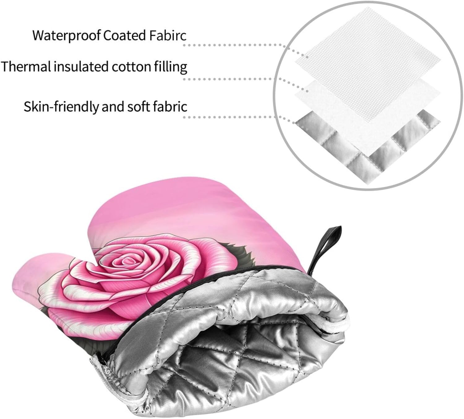 Beautiful pink roses Oven gloves and heat-resistant mat 4-piece set. Suitable for grilling, microwave oven frying, and baking
