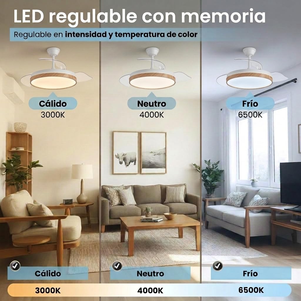 Ventilador de Techo Retractil Madera con Luz LED Silencioso - Ventilador de 108 cm con Tonos de Luz y Función Verano e Invierno con APP - Hasta 25 m2-30 W Motor DC