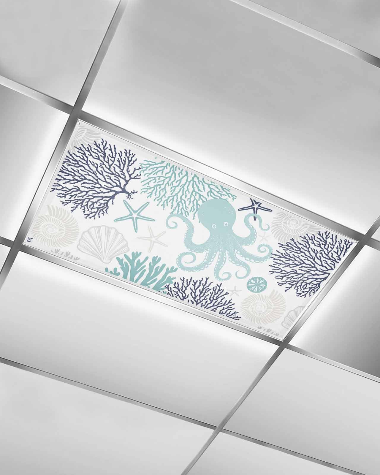 EwdeWwo Ocean 1 Pcs Fluorescent Light Covers for Ceiling Lights, Turquoise Navy Octopus Coral Starfish Magnetic Light Filters for Eliminate Harsh Glare Classroom Office Decoration, 4 x 2 Ft