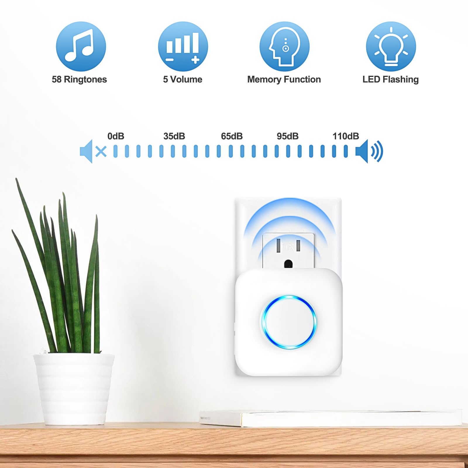 Bezprzewodowy dzwonek do drzwi IP55 2 nadajniki 3 odbiorniki 110 dB 300 m 52 dźwięki LED
