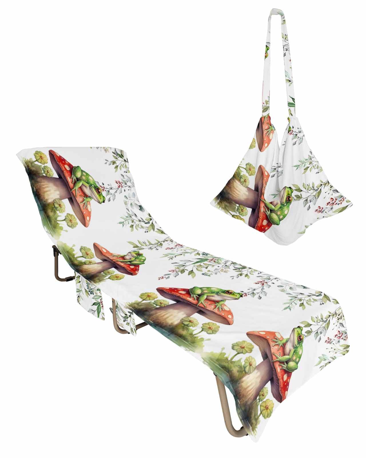 Mushroom Frogs Beach Lounge Chair Towel Cover, Soft Chaise Lounge Towel with Side Pockets Patio Pool Chairs Cover for Beach/Pool Sunbathing 29x85 Spring Floral Summer Eucalyptus Leaves