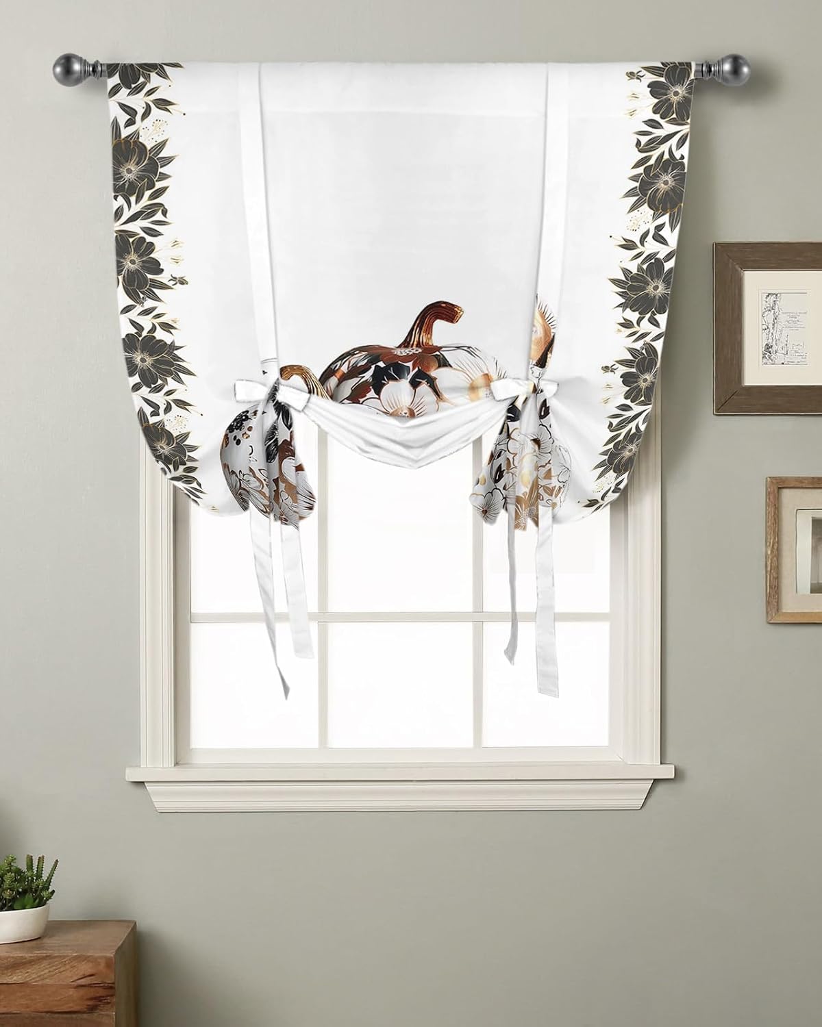 Abstract Tie Up Window Shade Curtain Ornate Flower Pumpkin Kitchen Adjustable Balloon Curtains Shades Drape 46x63In for Living Room/Bedroom/Cafe Windows Aesthetic Lines Floral Farm Harvest
