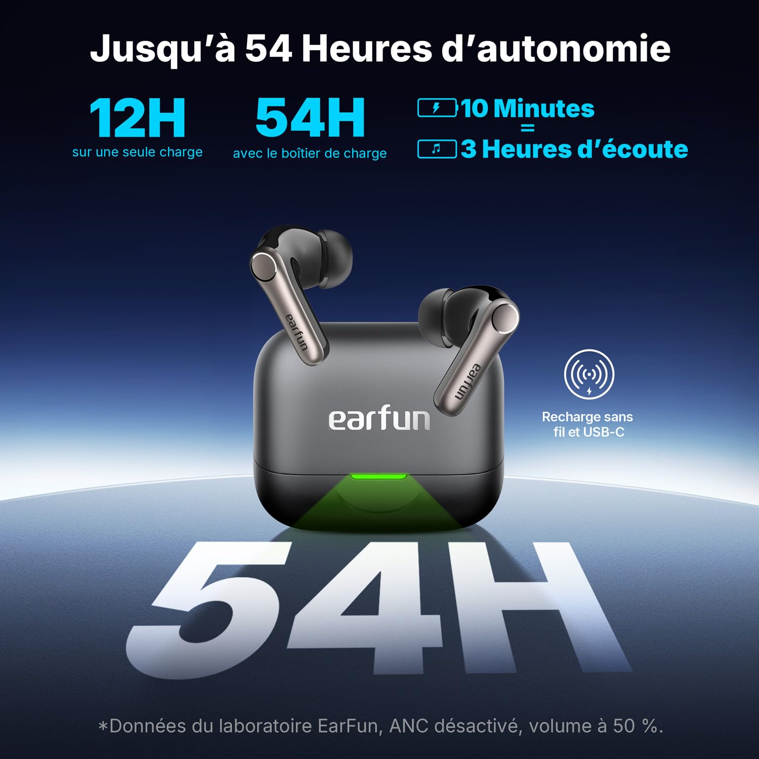 EarFun Air Pro 4+ Ecouteurs Bluetooth sans Fil, avec ANC | Double Transducteur, Qualcomm aptX Lossless, 6 micros, Hi-Res, LDAC, Bluetooth 6.0, 54 H de Lecture, Recharge sans fil, Noir