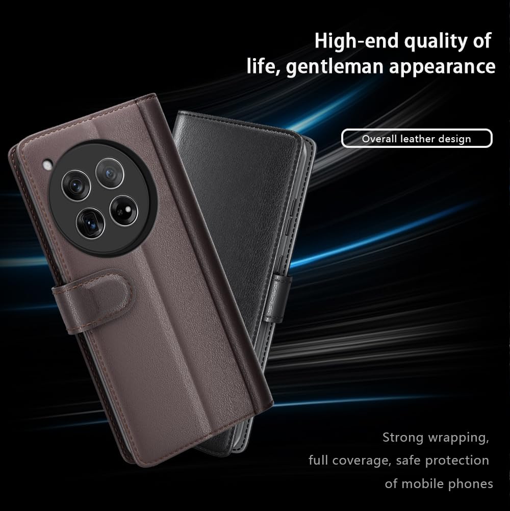 COQUE Custodia OnePlus 12 Shell, Custodia Flip in Vera Pelle di Vacchetta con Slot per Schede Custodia in Pelle per OnePlus 12-Nero