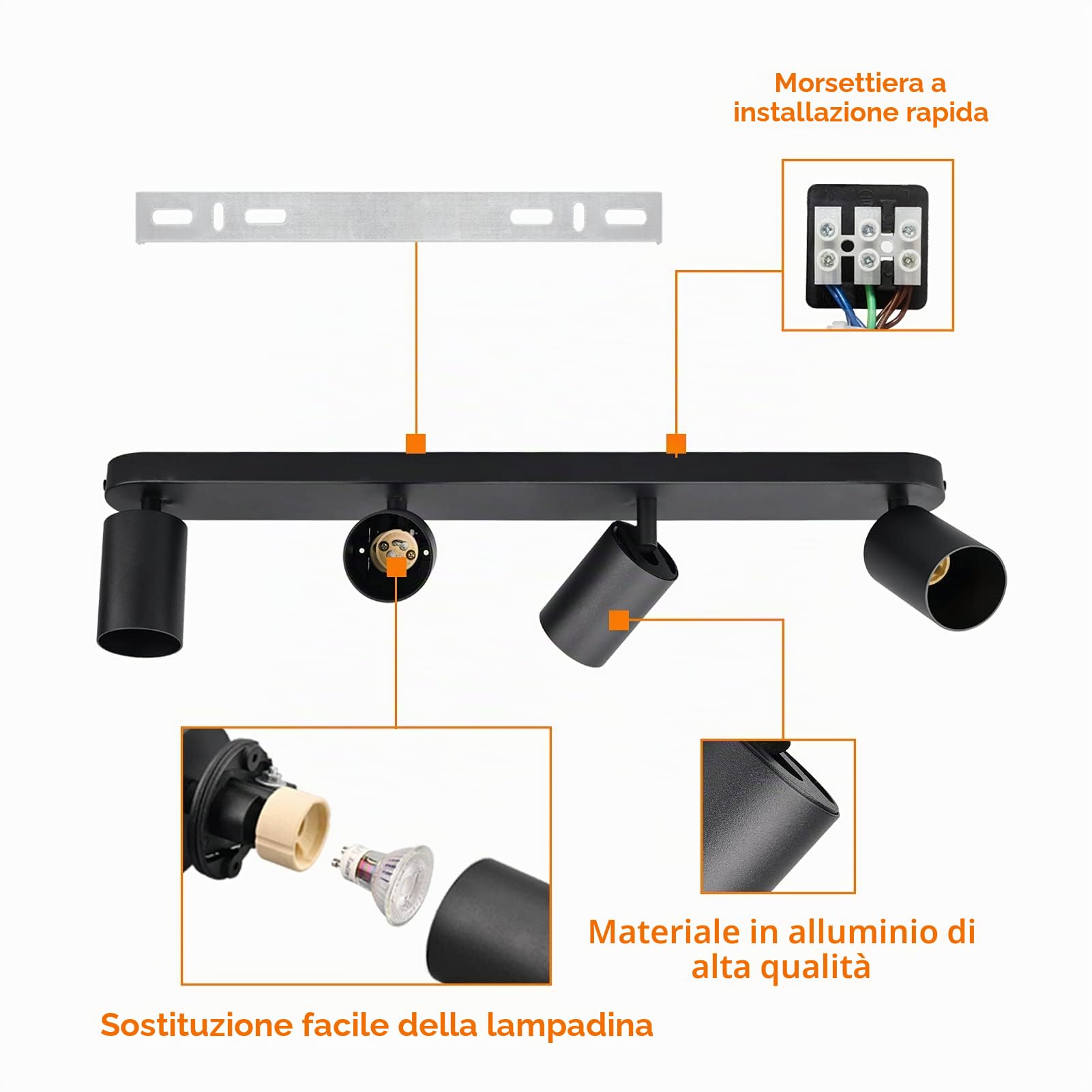 KYOTECH Faretti da soffitto orientabili a 4 luci Plafoniera LED Attacco GU10,Per 4 lampadine GU10 non incluse, Lampadario moderno per Camera Faretti Orientabili Parete Lampadine Nero Opaco