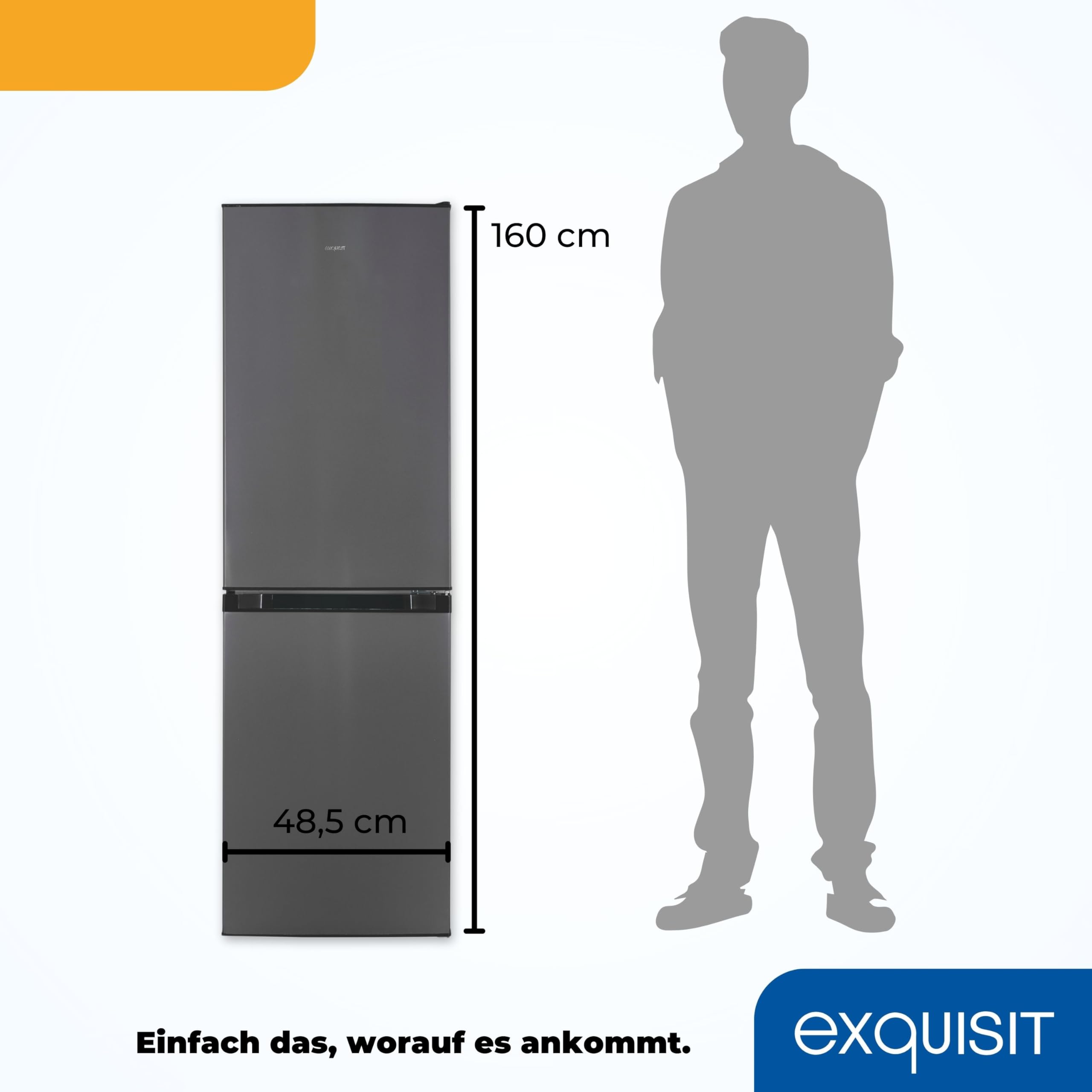 Exquisit Kühl-Gefrierkombination No Frost, 193 L, Energieklasse E | Freistehend, 54 cm breit, Inoxlook, 4-Sterne-Gefrierfach, LED-Licht, 41 dB(A), höhenverstellbare Füße
