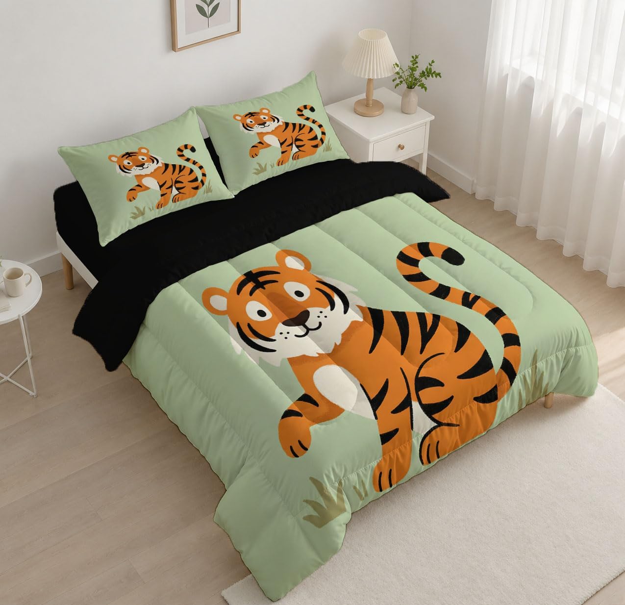 Simple Cartoon Comforter Set King Size, Striped Tiger Print Breathable Bedding Set for Girls Boys Teens, Light Green Quilt Duvet with 2 Pillow Cases