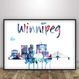 Winnipeg Blue Print with splashes, Wall Poster Print, Canada Skyline Watercolor Poster, Manitoba Province Unframed Print
