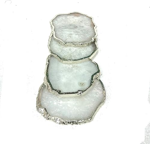 Miniatura 6 de Posavasos de ágata blanca en rodajas naturales para bebidas. Juego de 4 posavasos de cristal de geoda de piedra con borde plateado, protectores de