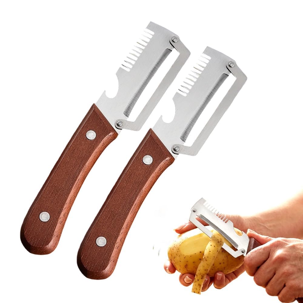 Pelapatate Multifunzione, Utensile da Cucina con Apribottiglie e Trituratore per Cipolle Verdi, Pelapatate Julienne in Acciaio Inossidabile per Patate, Frutta, Canna da Zucchero 2pcs