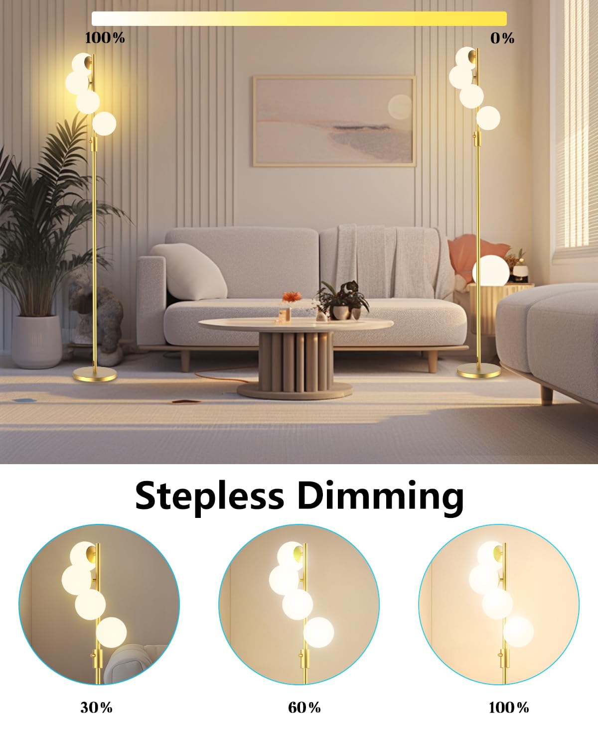 Lightdot 64IN Mid Century Globe Floor Lamp, Dimmable (Brightness Adjustable) Gold Floor Lamp with 3000K G9 Bulbs Included, Modern Standing Lamps for Living Room Bedroom Office