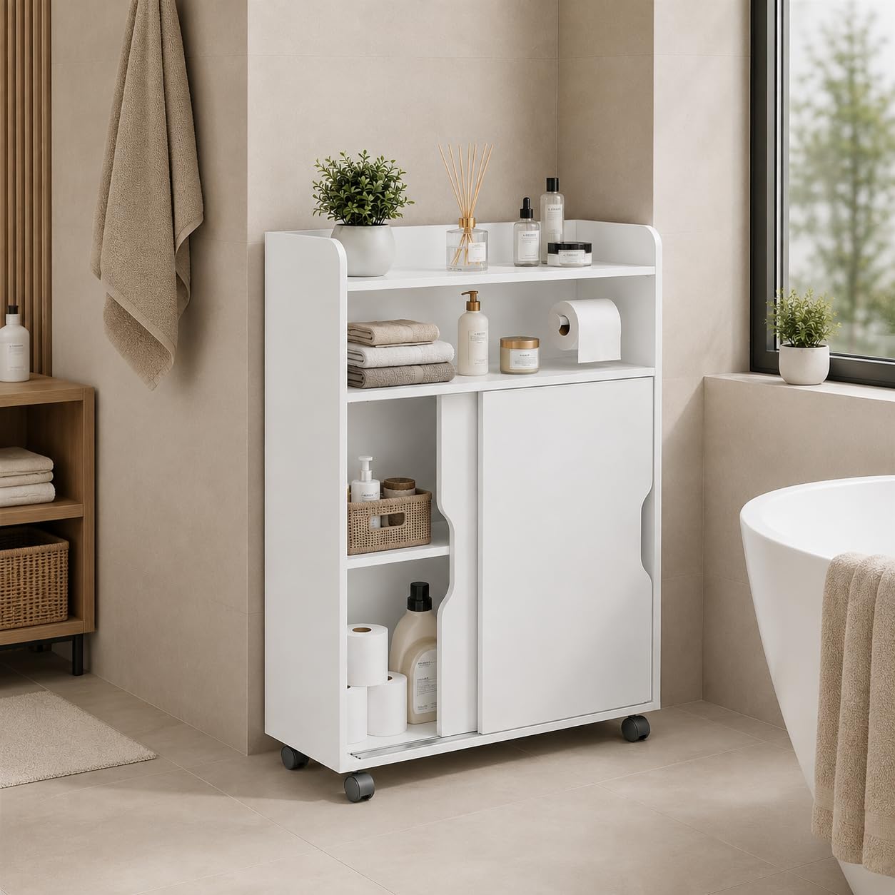APICIZON Badezimmerschrank mit Rollen, Badschrank Schmal, Nischenschrank