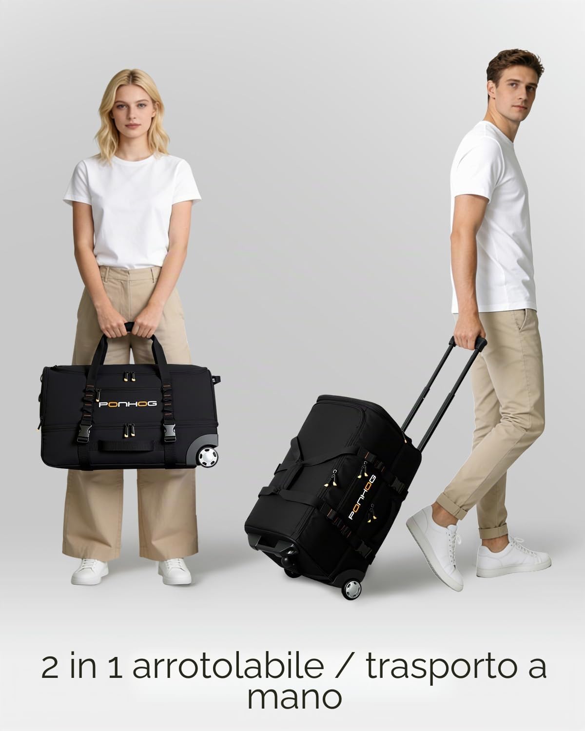 Ponhog Borsone da Viaggio con Ruote - Borsone Trolley con Ruote Impermeabile per Vacanze, 55cm/56cm/65cm