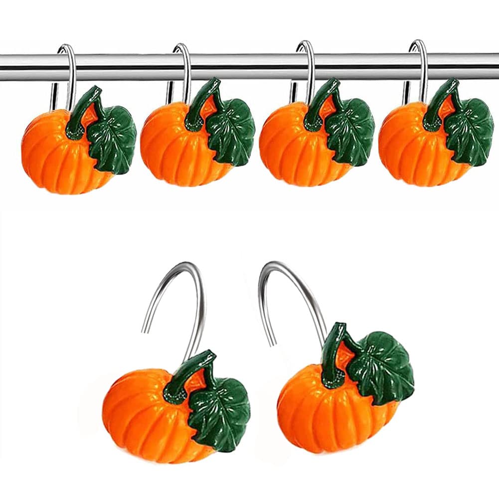 12Pcs Decorative Shower Curtain Hooks Halloween Style Pumpkin Hooks Shower Curtain Hangers Rust-Proof Shower Curtain Rings (Pumpkin)