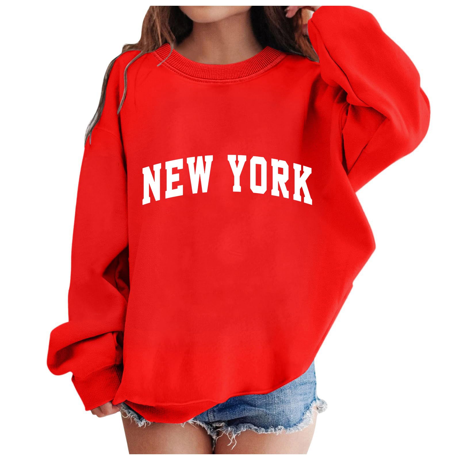 Bluzy dziewczęce Nowy Jork bluzy z kapturem dla dziewczynek nadruk litery bluza z kapturem z długim rękawem na co dzień luźny pulower topy dla 4-14 lat (B04-czerwony, 5-6 lat)